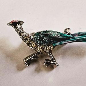 Vintage Blue green walking peacock pheasant roadrunner brooch, cottage core